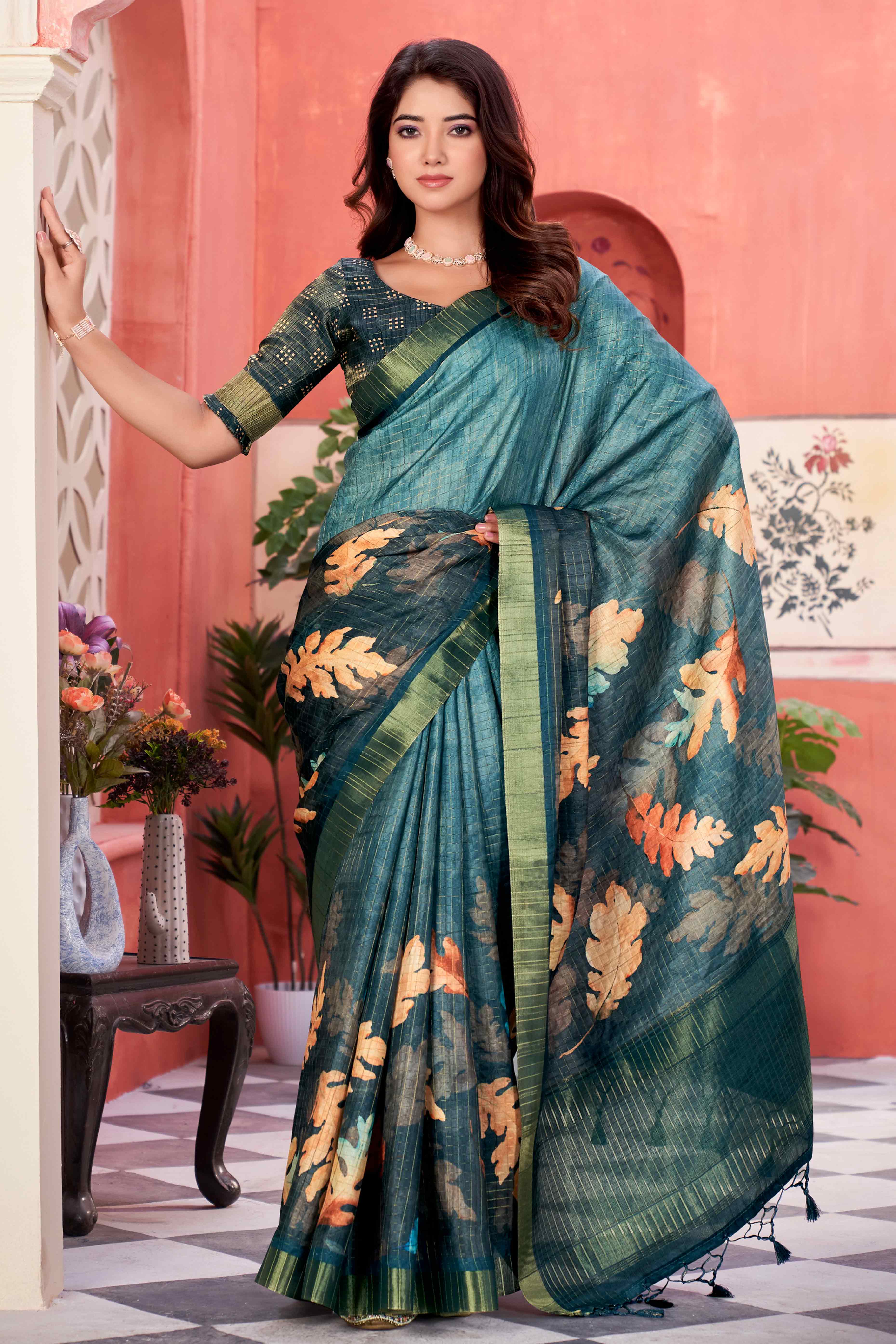 Teal Floral Soft Silk Blend Saree with Digital Prints