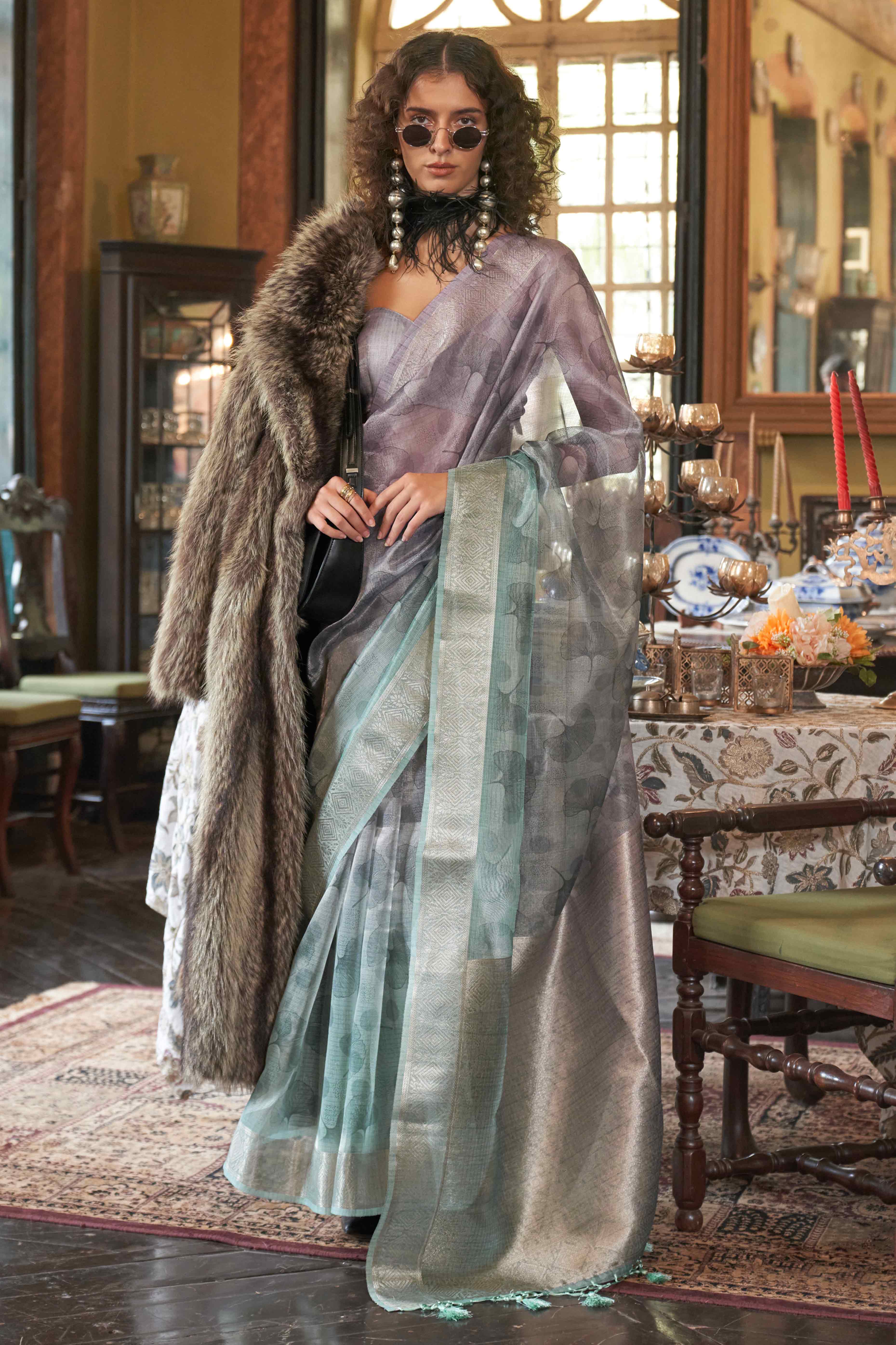 Light Lavender & Sea Green Digital Printed Organza Saree With Woven Border