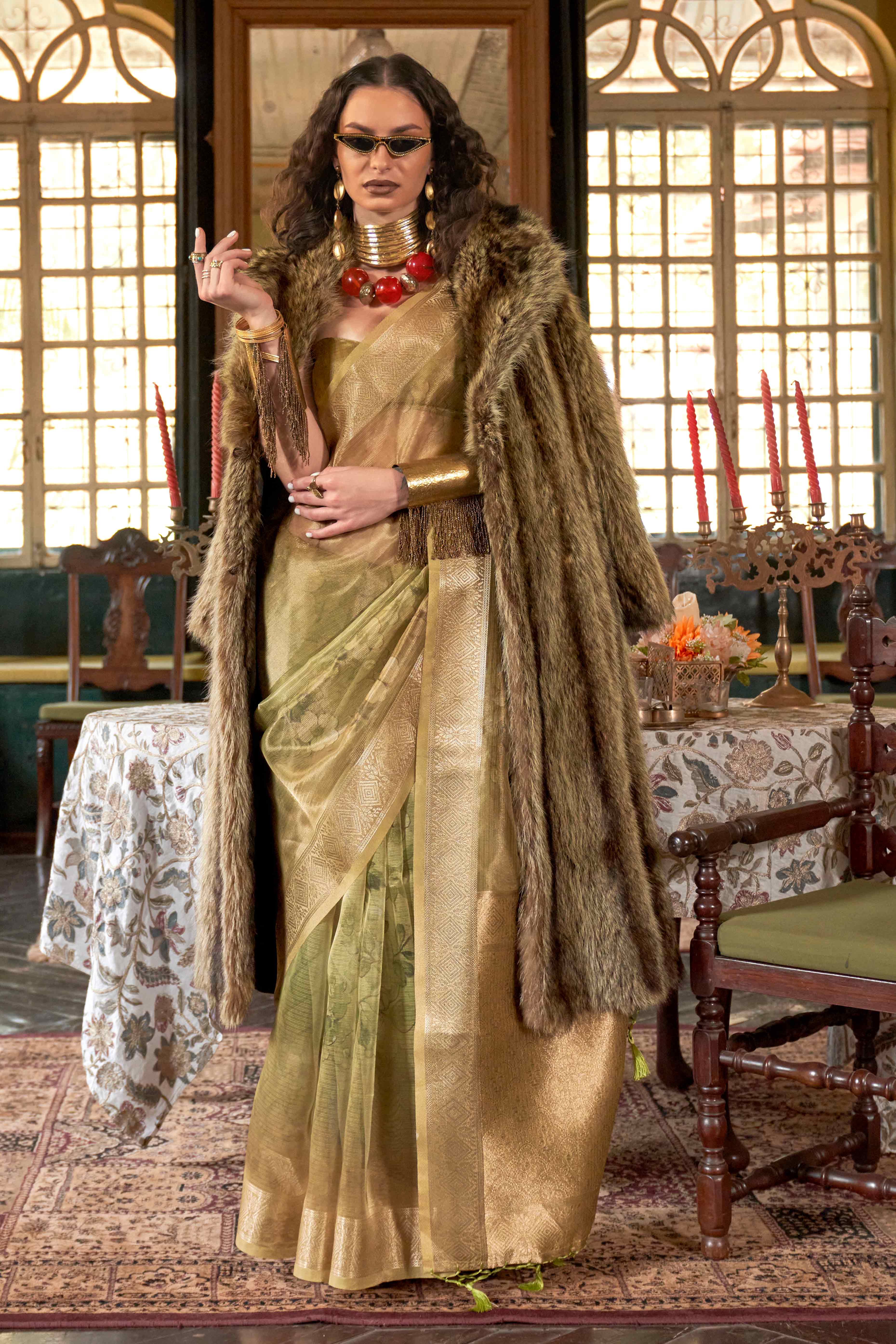 Green Digital Printed Organza Saree With Woven Border
