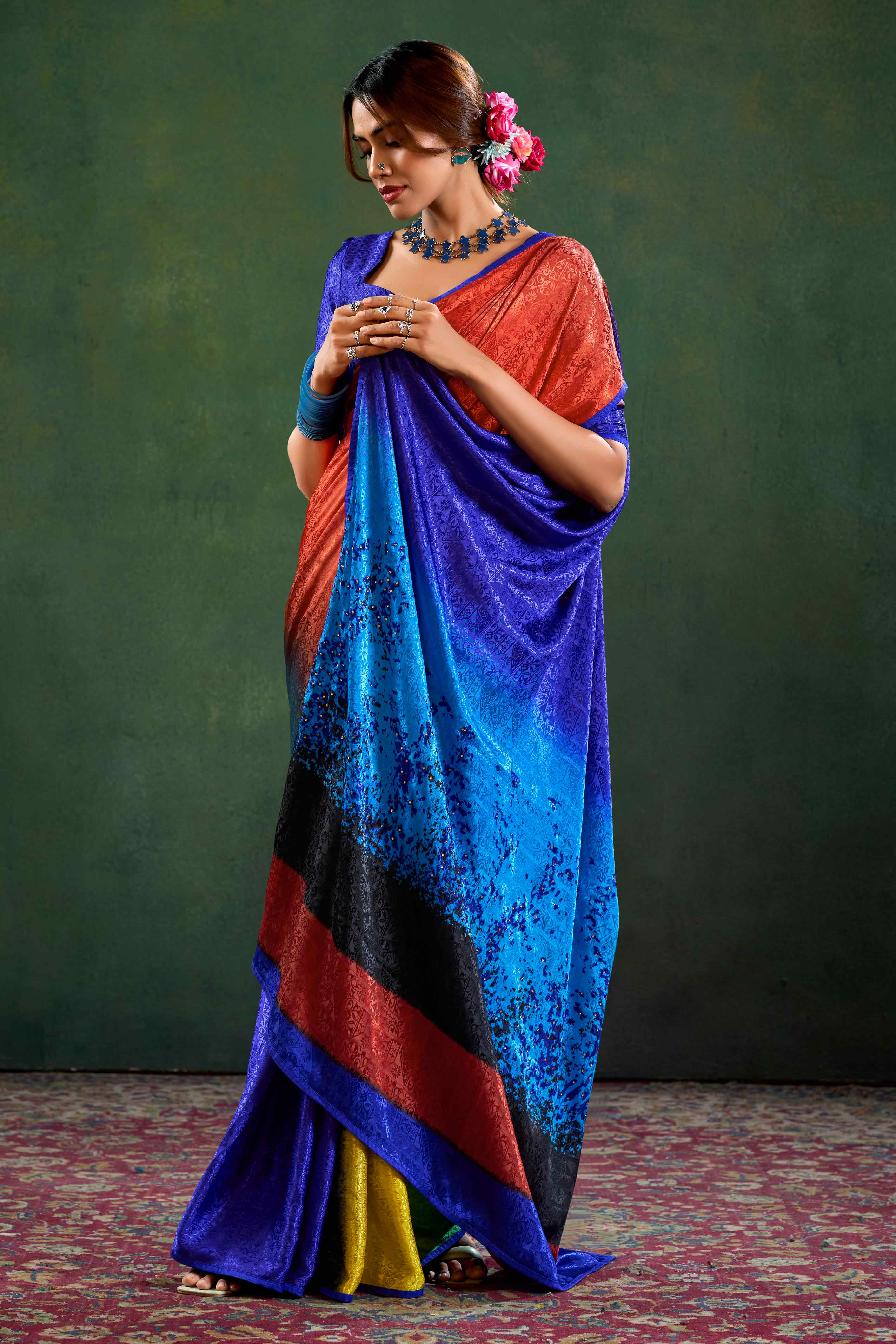 Blue Crepe Jacquard Saree with Vibrant Prints & Stone Work