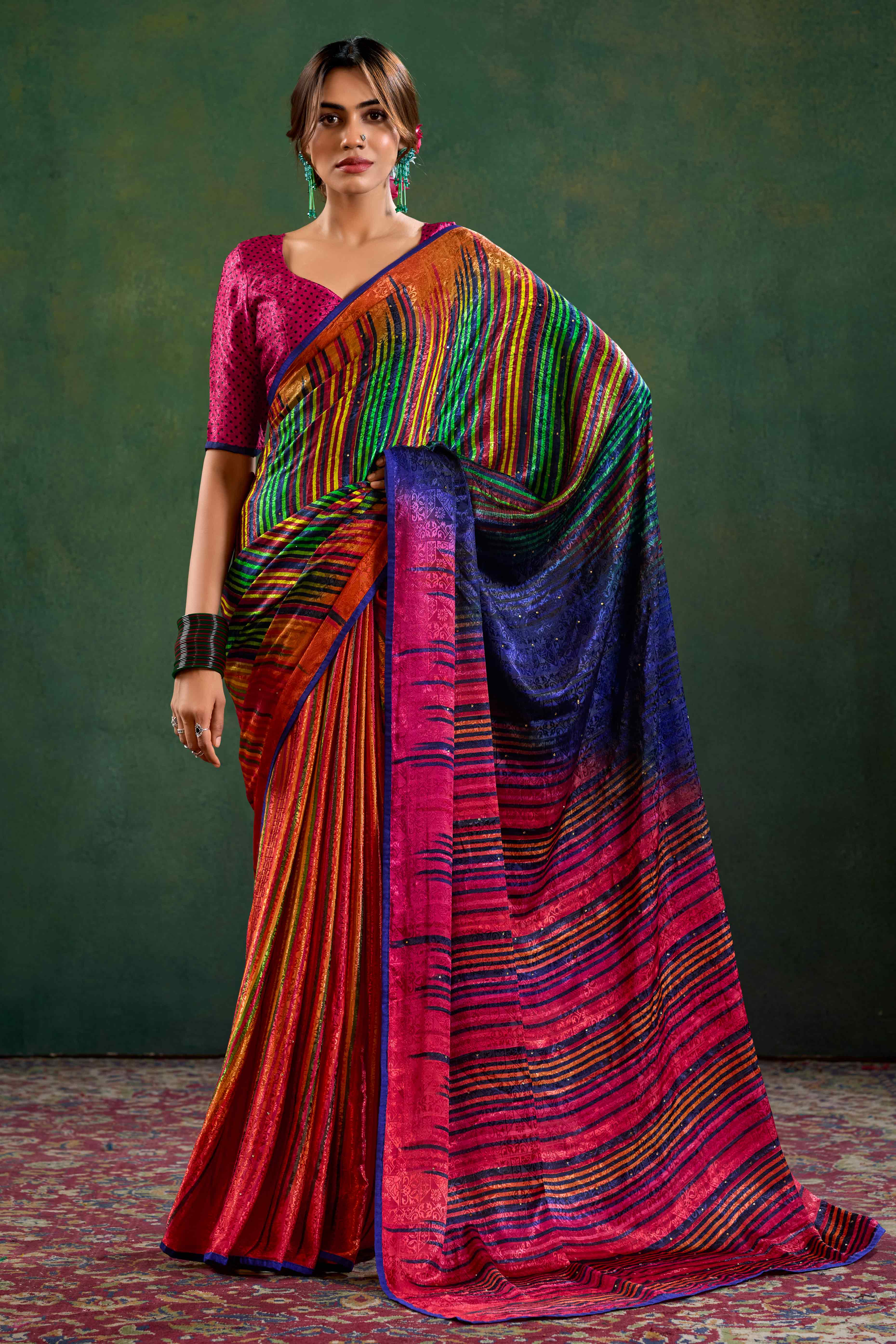 Multicolor Crepe Jacquard Saree with Vibrant Prints & Stone Work