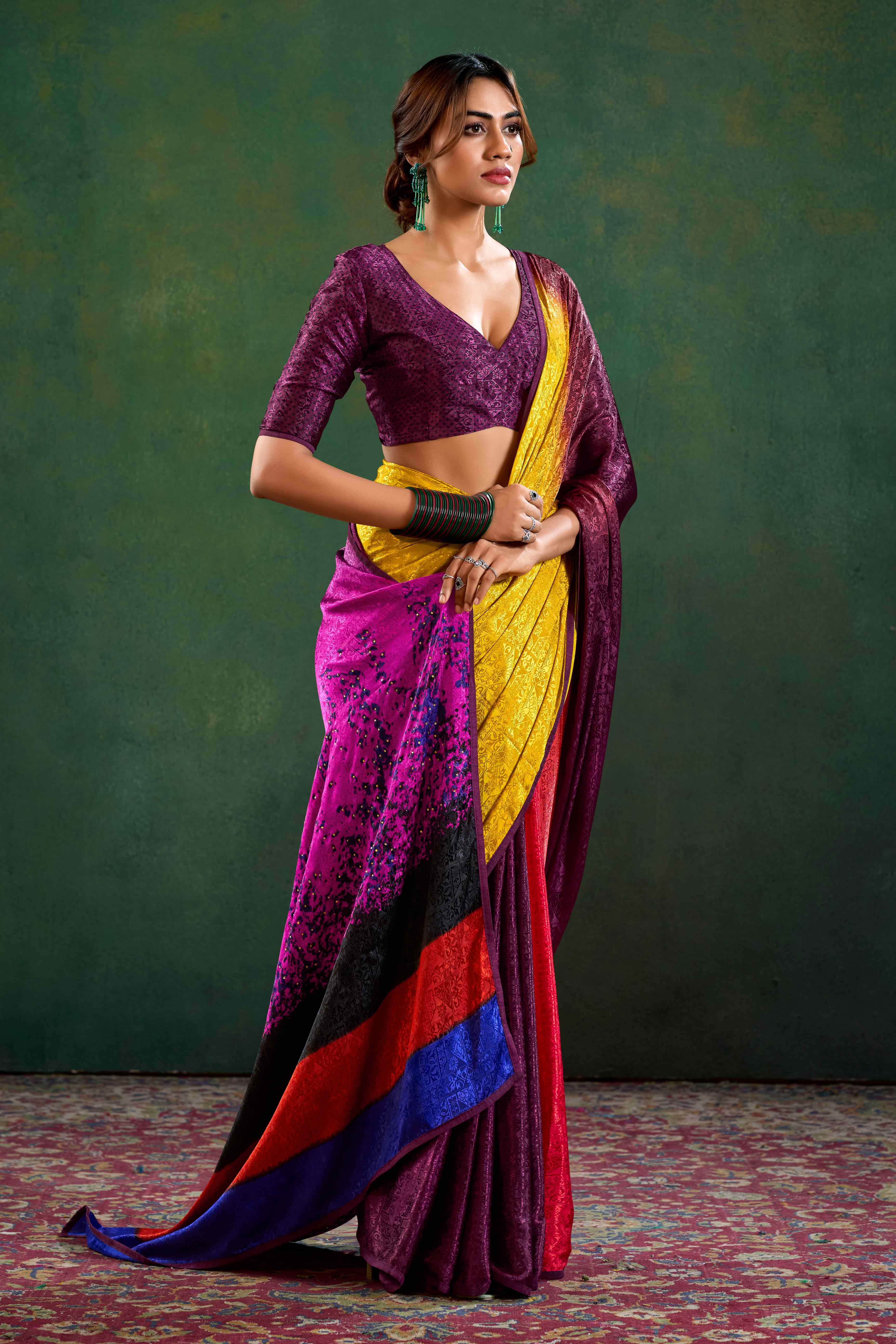 Wine Crepe Jacquard Saree with Vibrant Prints & Stone Work