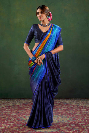 Blue Crepe Jacquard Saree with Vibrant Prints & Stone Work