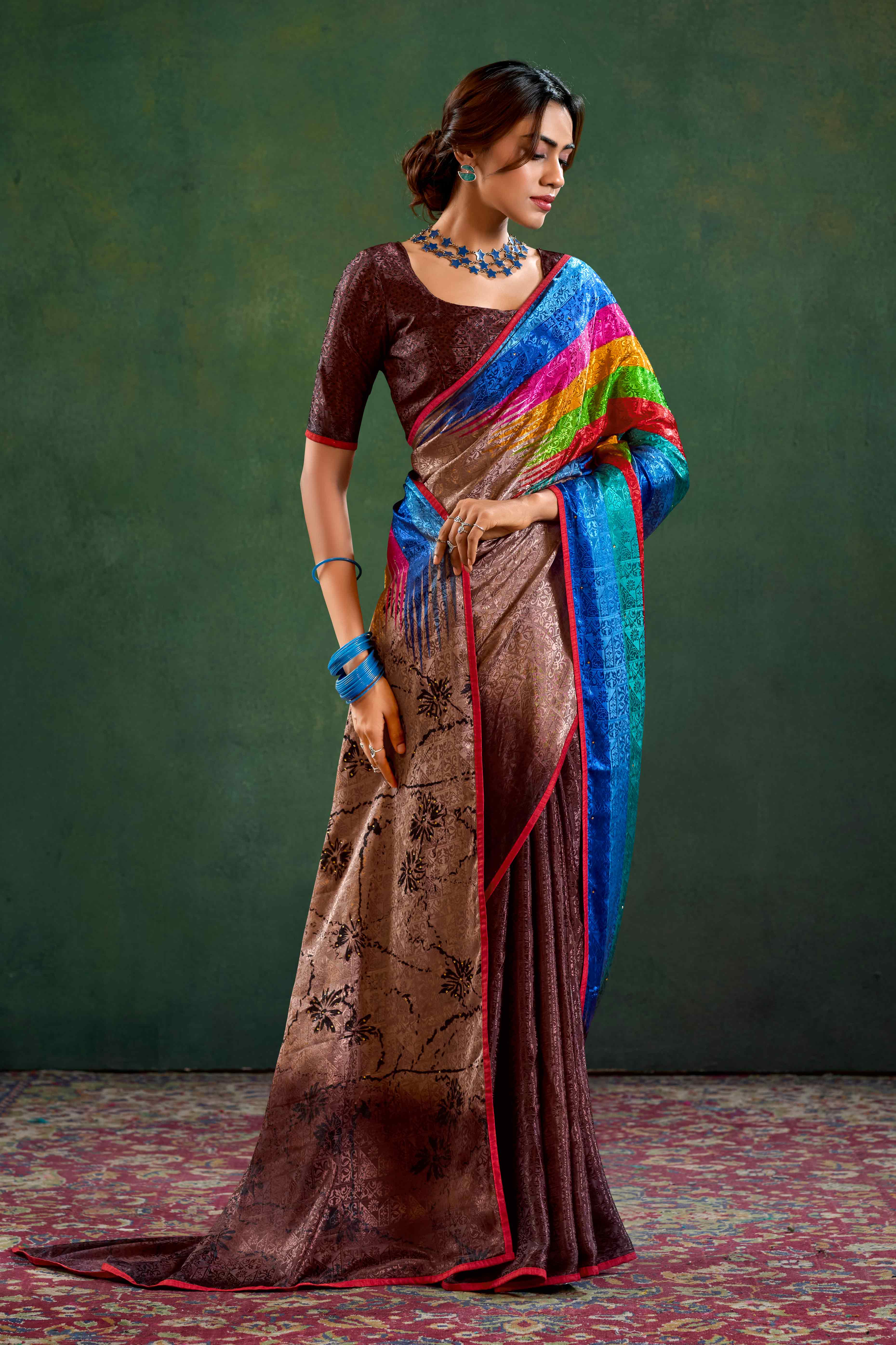 Brown Crepe Jacquard Saree with Vibrant Prints & Stone Work