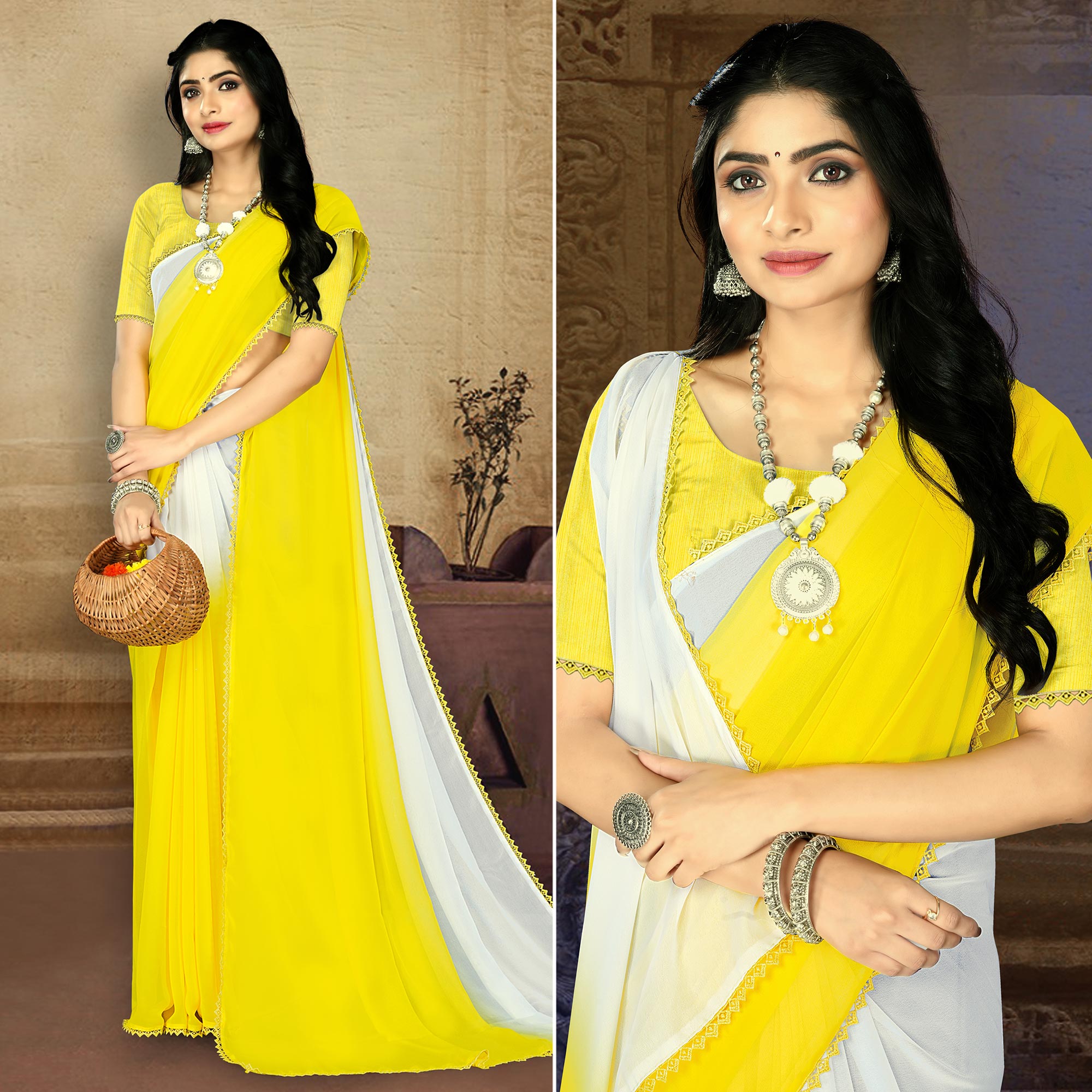 Yellow Solid Ombre Georgette Saree