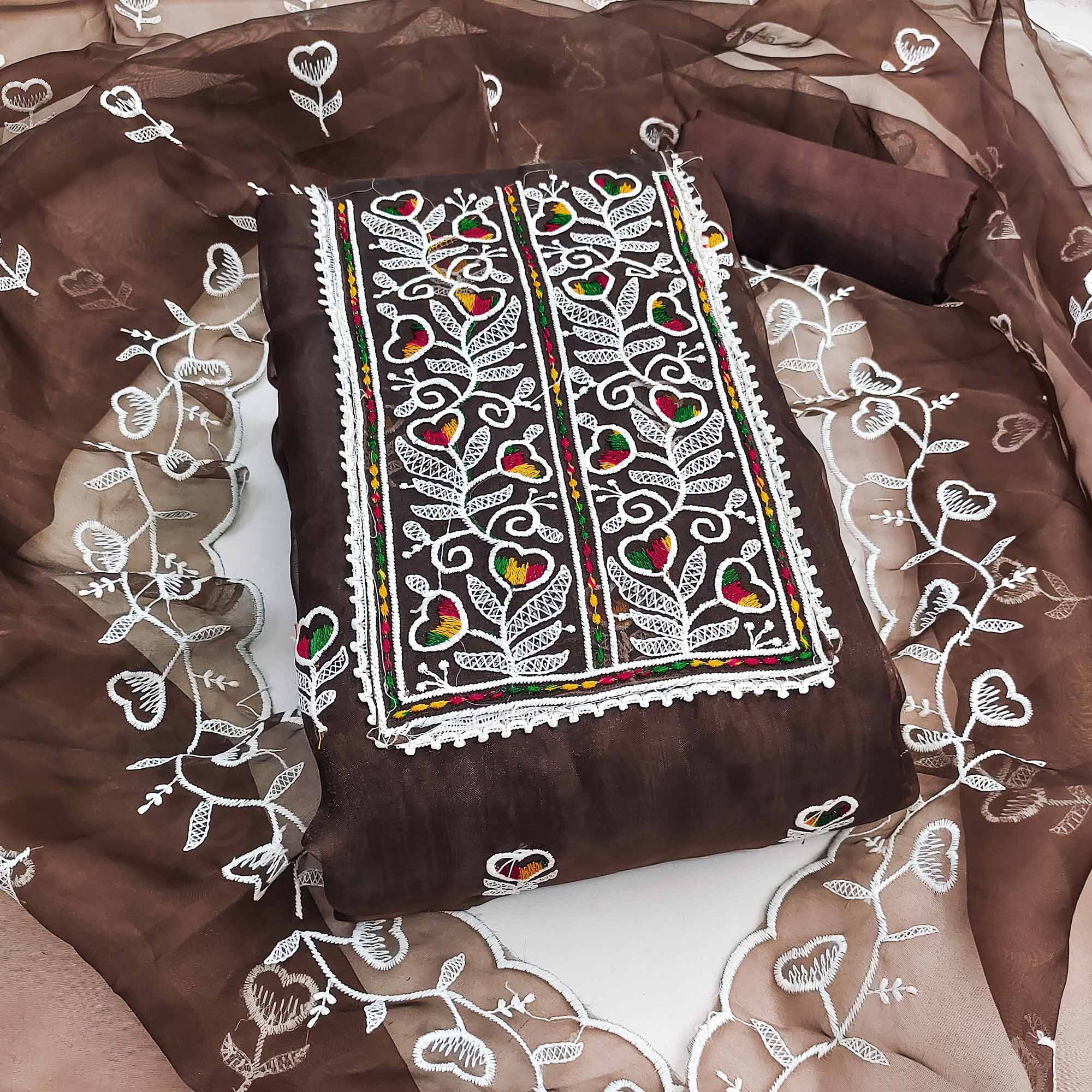 Brown Organza Dress Material With Intricate Floral Embroidery Work