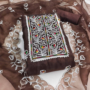 Brown Organza Dress Material With Intricate Floral Embroidery Work