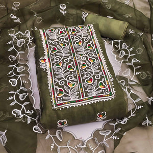 Mehendi Green Organza Dress Material With Intricate Floral Embroidery Work