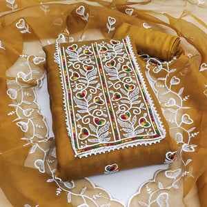 Mustard Organza Dress Material With Intricate Floral Embroidery Work