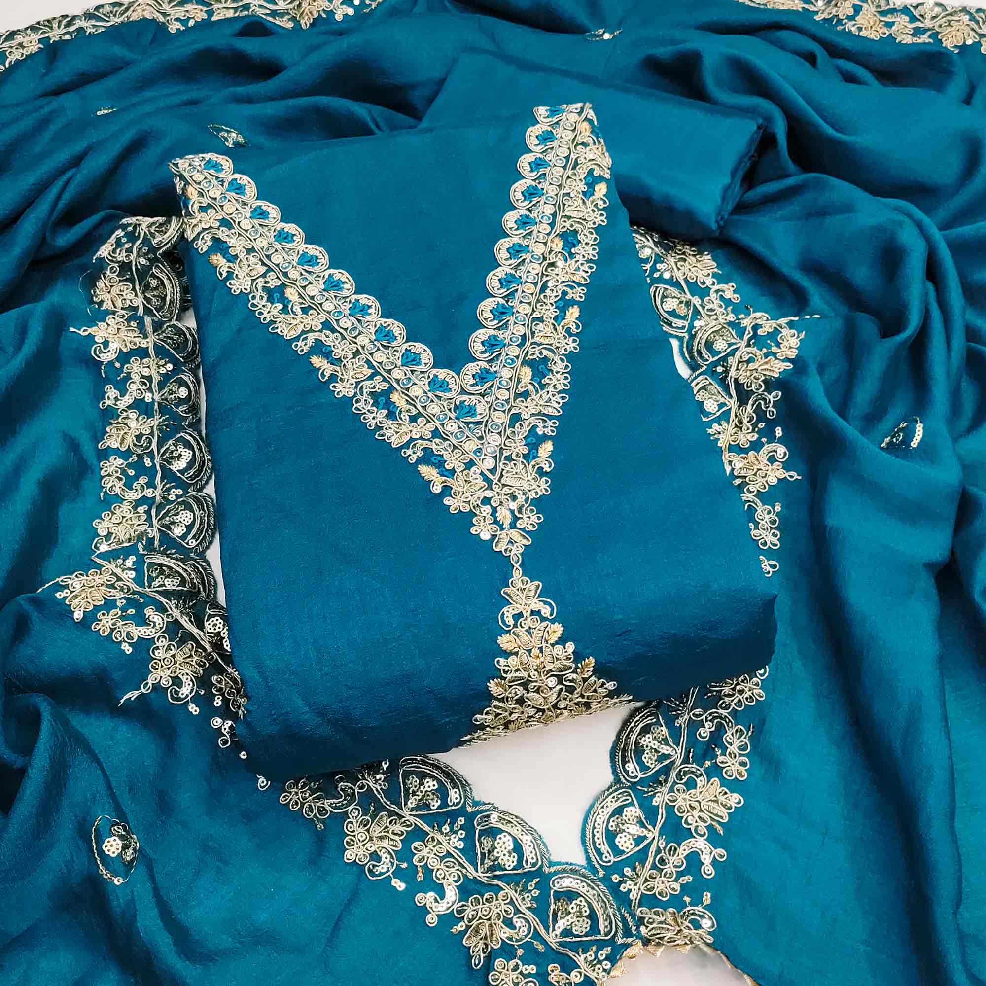 Blue Vichitra Silk Dress Material Adorned With Floral Cording Embroidery & Sparkling Sequins Work