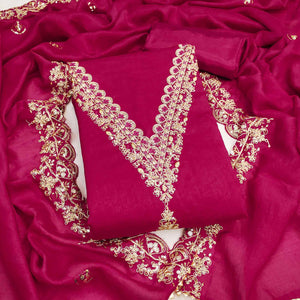 Pink Vichitra Silk Dress Material Adorned With Floral Cording Embroidery & Sparkling Sequins Work