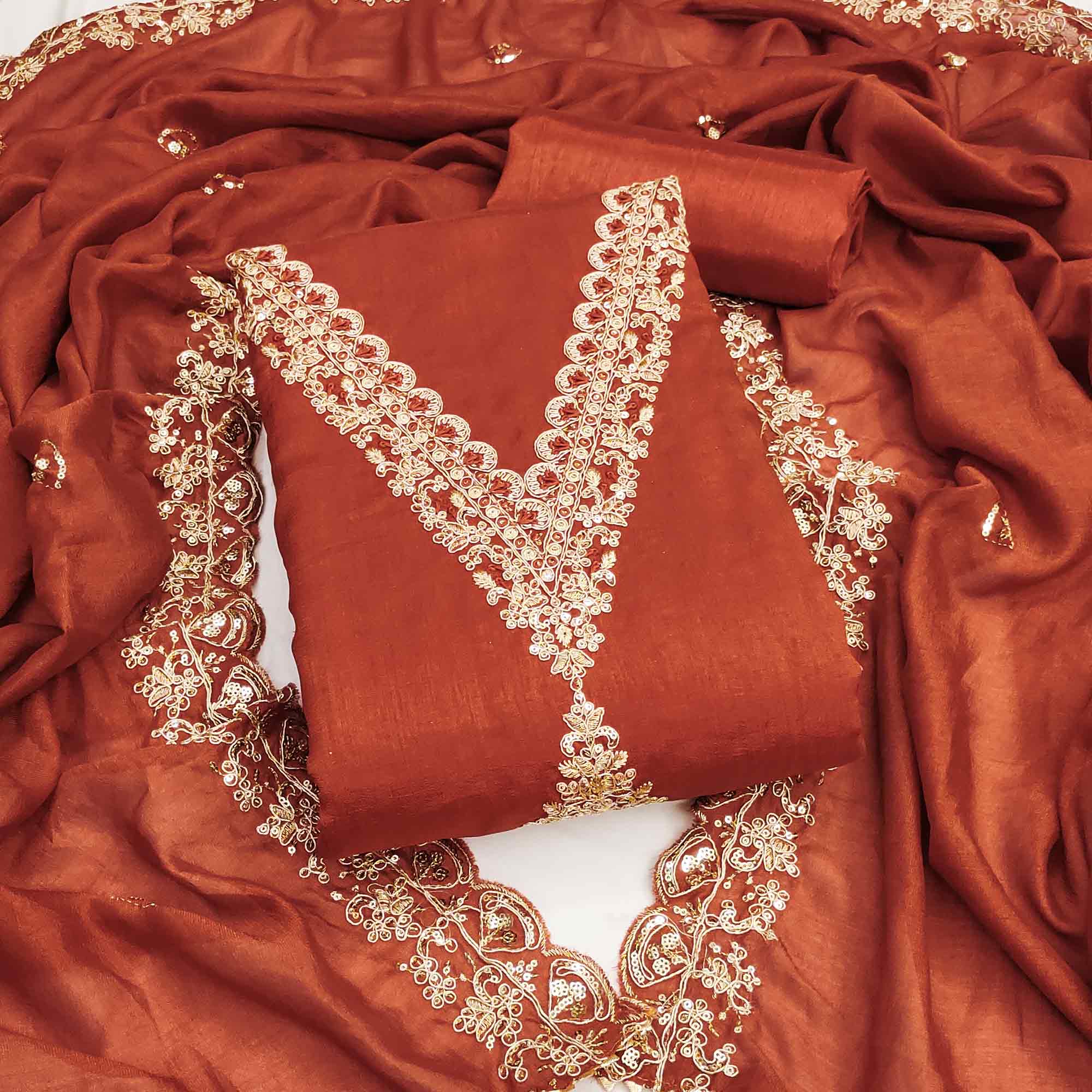 Rust Vichitra Silk Dress Material Adorned With Floral Cording Embroidery & Sparkling Sequins Work