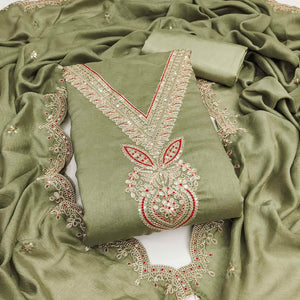 Green Floral Embroidered Vichitra Silk Dress Material Enhanced With Detailed Cording & Sequins Work