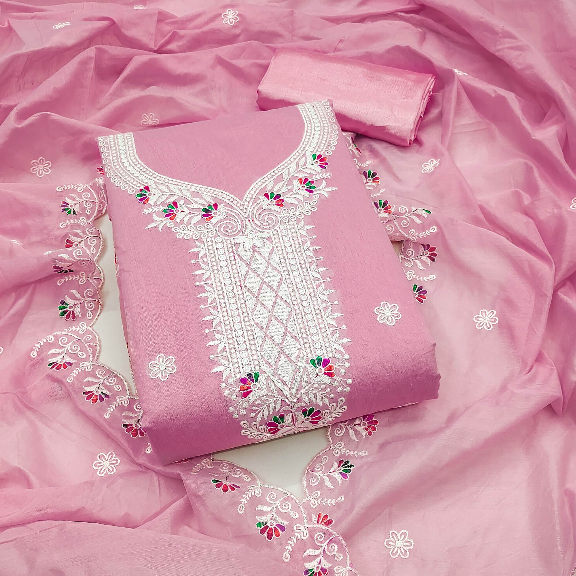 Pink Cambric Cotton Dress Material With Elegant Floral Embroidery Work