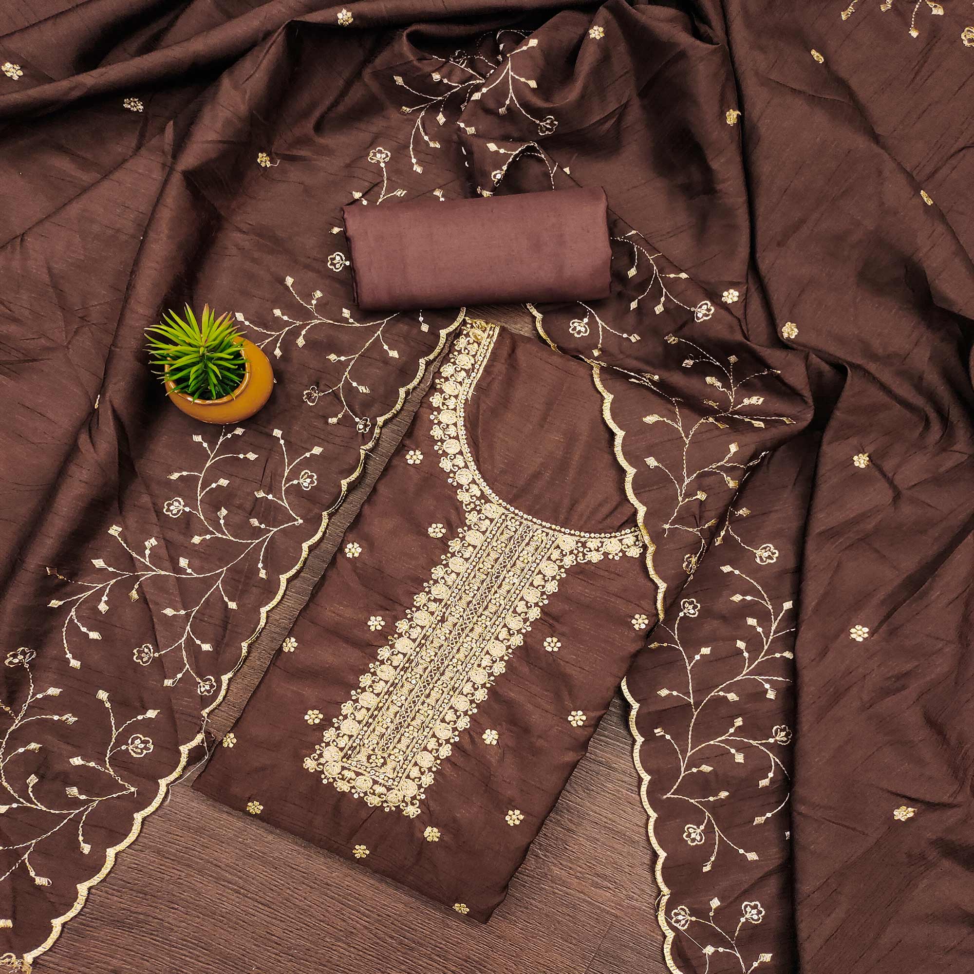 Brown Cotton Silk Unstitched Dress Material Featuring Delicate Jalpari Embroidery