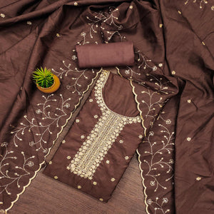 Brown Cotton Silk Unstitched Dress Material Featuring Delicate Jalpari Embroidery