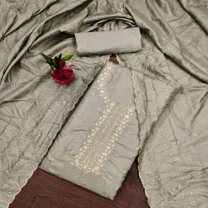 Grey Cotton Silk Unstitched Dress Material Featuring Delicate Jalpari Embroidery