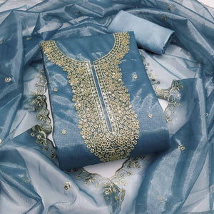 Blue Designer Suit Material in Sheer Twill Net with Thread Embroidered Patterns