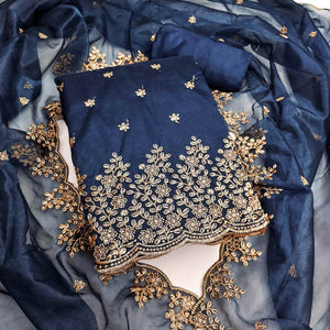 Blue Ethnic Twill Net Dress Material Embellished with Ornate Thread Embroidery