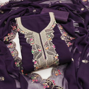 Dark Purple Georgette Dress Material Adorned With Floral Embroidery & Elegant Lace Border