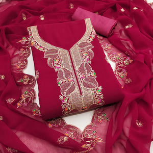 Rani Pink Georgette Dress Material Adorned With Floral Embroidery & Elegant Lace Border