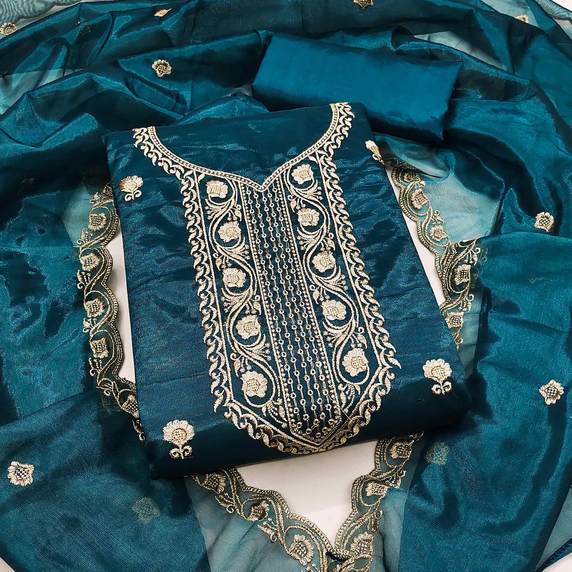 Blue Delight Floral  Embroidered Twill Net Dress Material