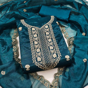 Blue Delight Floral  Embroidered Twill Net Dress Material