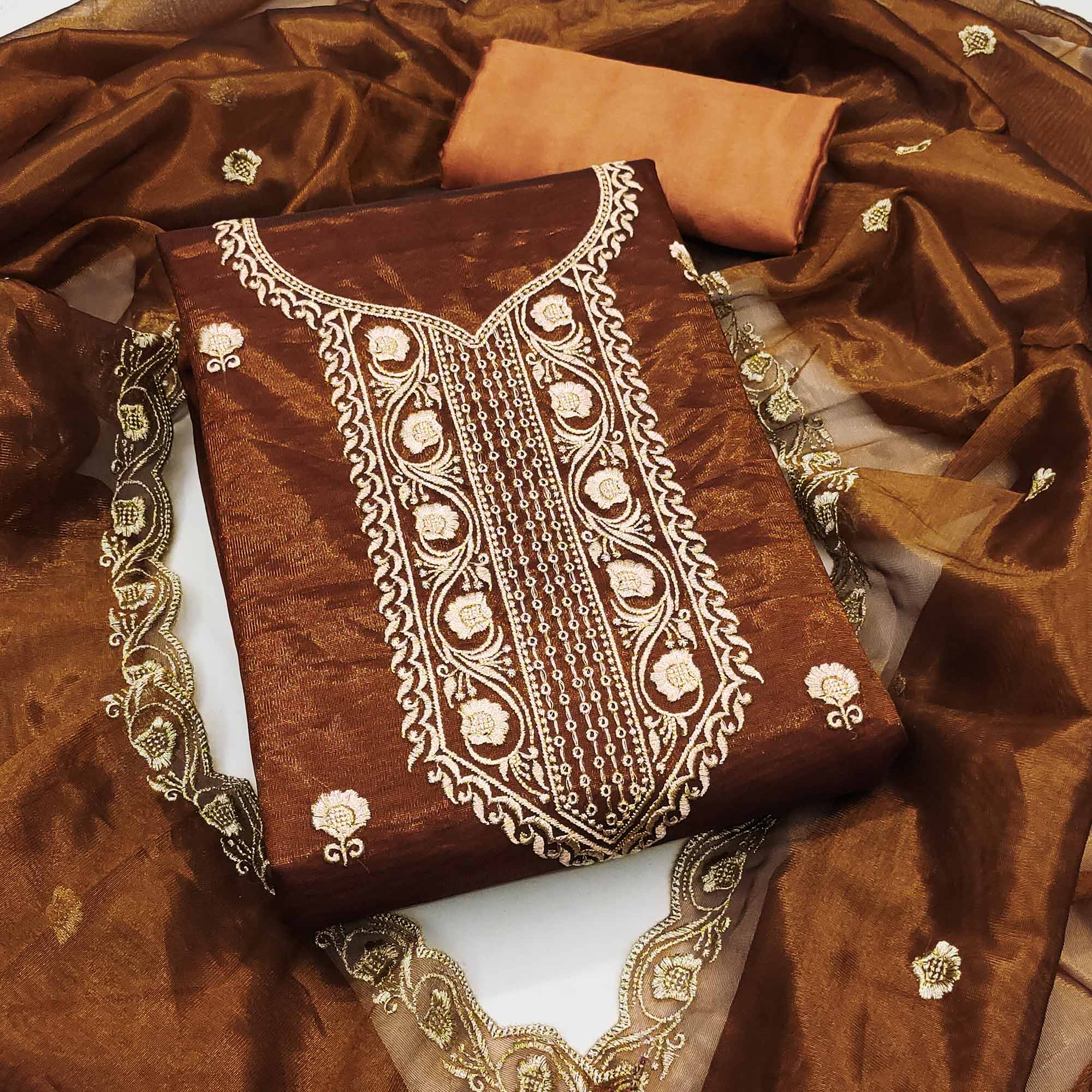 Dark Mustard Delight Floral  Embroidered Twill Net Dress Material