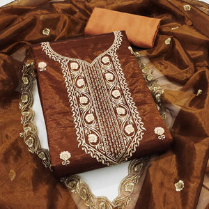 Dark Mustard Delight Floral  Embroidered Twill Net Dress Material