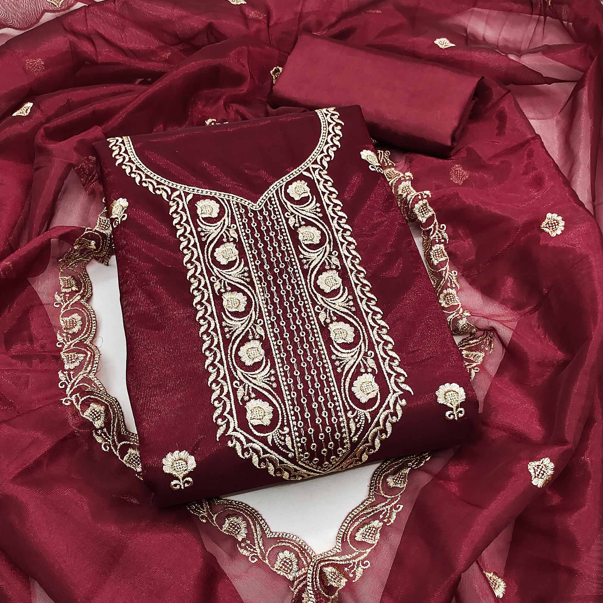 Maroon Delight Floral Embroidered Twill Net Dress Material