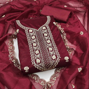 Maroon Delight Floral Embroidered Twill Net Dress Material