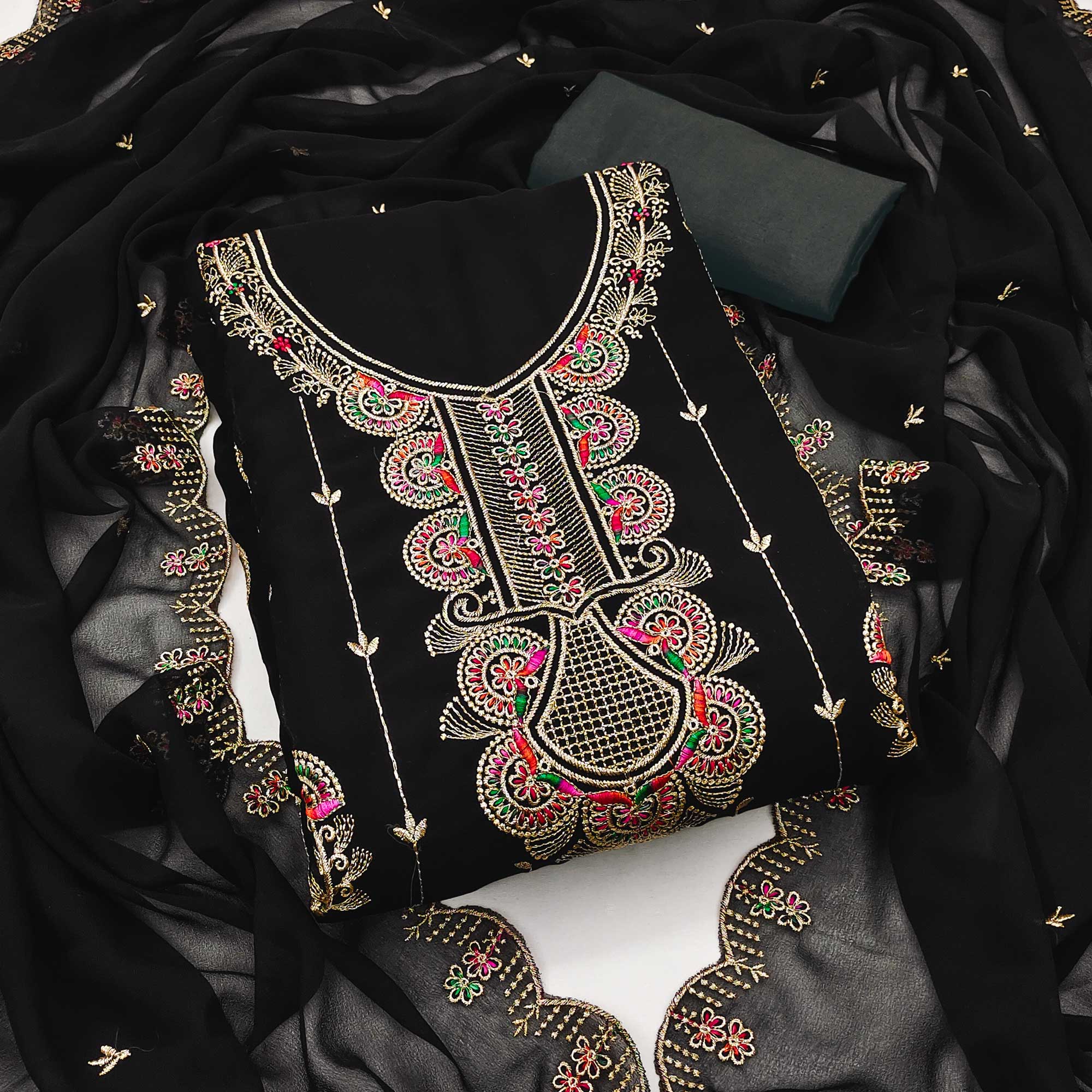 Black Floral Embroidered Unstitched Suit Fabric in Flowing Georgette