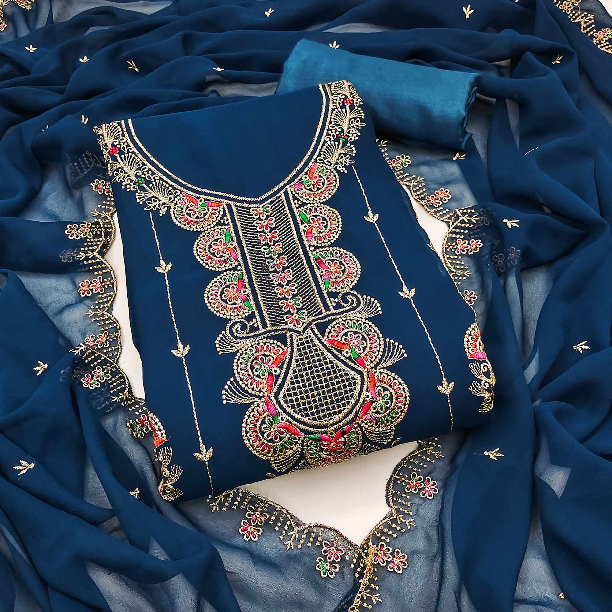 Blue Floral Embroidered Unstitched Suit Fabric in Flowing Georgette