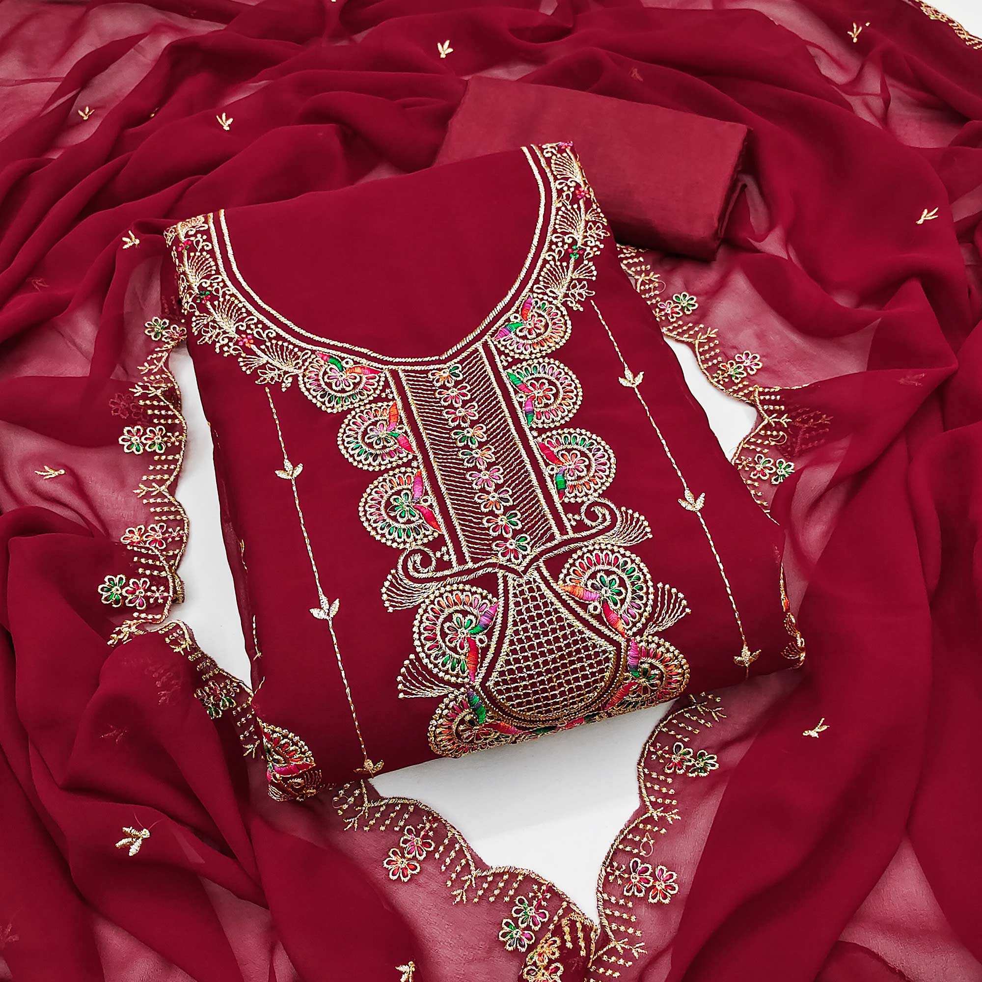 Maroon Floral Embroidered Unstitched Suit Fabric in Flowing Georgette