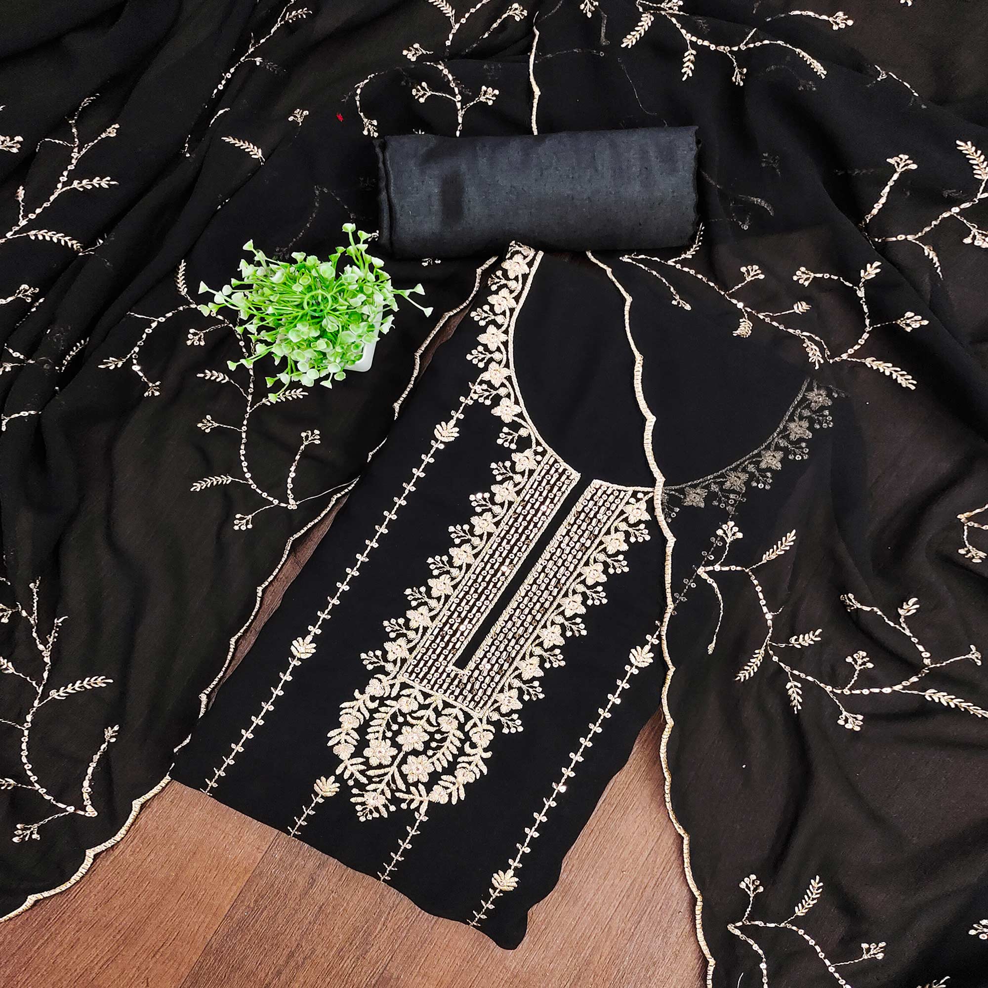 Black Georgette Unstitched Dress Material Adorned with Ornate Thread Embroidery