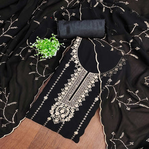 Black Georgette Unstitched Dress Material Adorned with Ornate Thread Embroidery