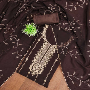 Coffee Brown Georgette Unstitched Dress Material Adorned with Ornate Thread Embroidery