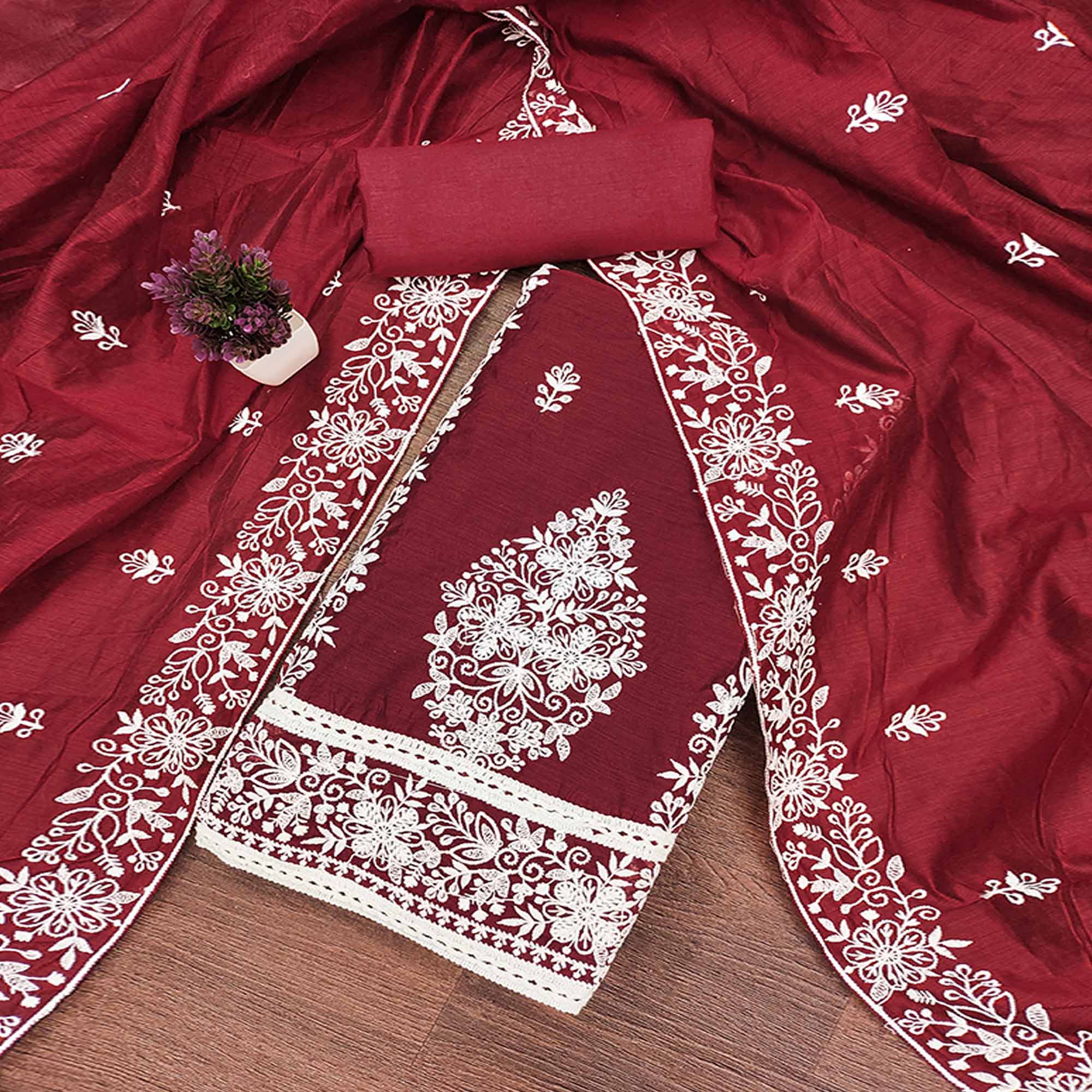 Maroon Chanderi Cotton Dress Material With Graceful Floral Thread Embroidery