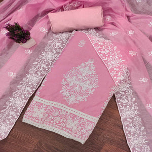 Pink Chanderi Cotton Dress Material With Graceful Floral Thread Embroidery
