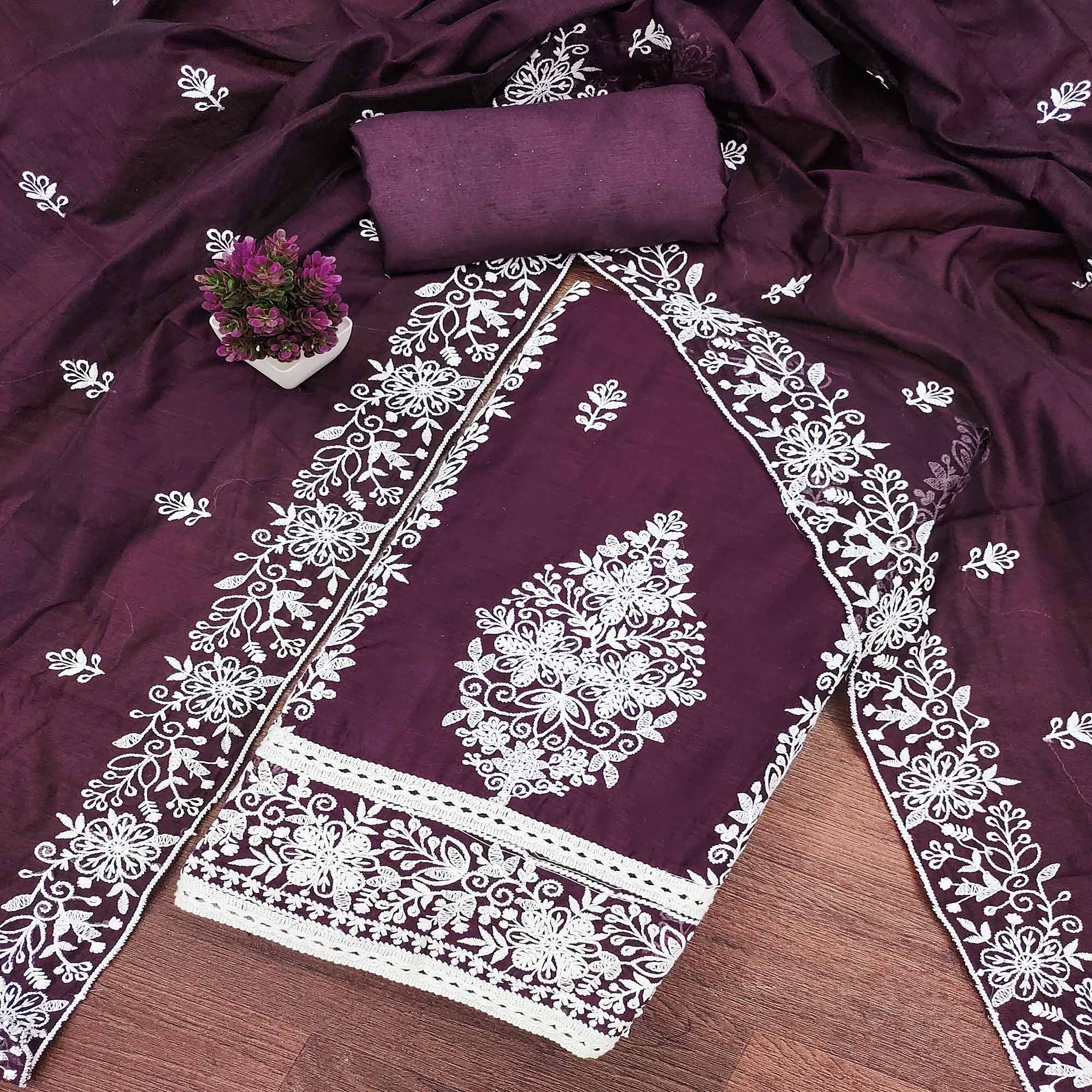 Wine Chanderi Cotton Dress Material With Graceful Floral Thread Embroidery