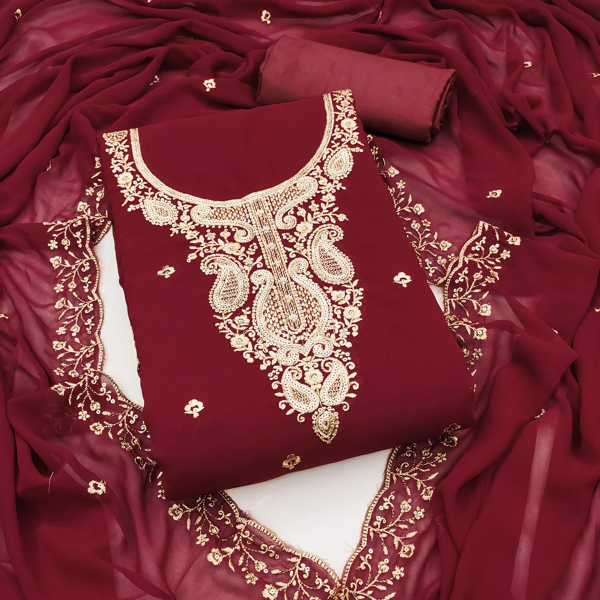 Maroon Georgette Dress Material Accentuated With Delicate Floral Embroidery & Sequins Work