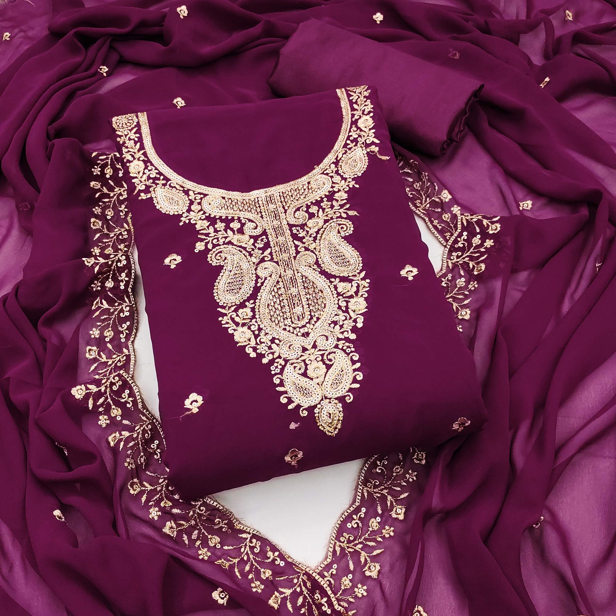 Wine Georgette Dress Material Accentuated With Delicate Floral Embroidery & Sequins Work