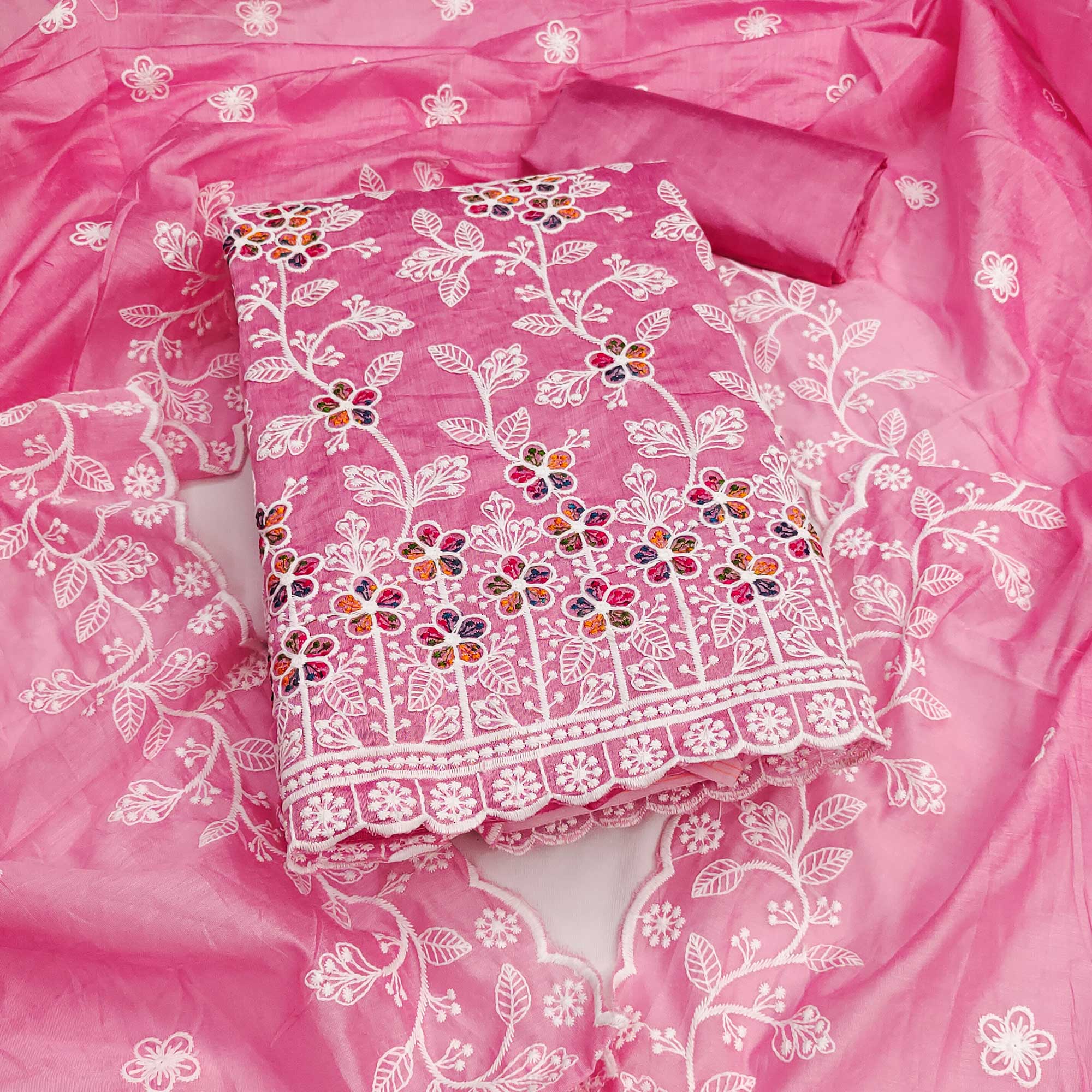 Pink Chanderi Cotton Dress Material Adorned With Elegant Floral Thread Embroidery Work
