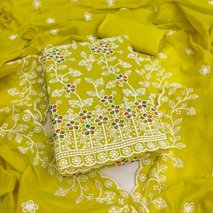 Parrot Green Chanderi Cotton Dress Material Adorned With Elegant Floral Thread Embroidery Work