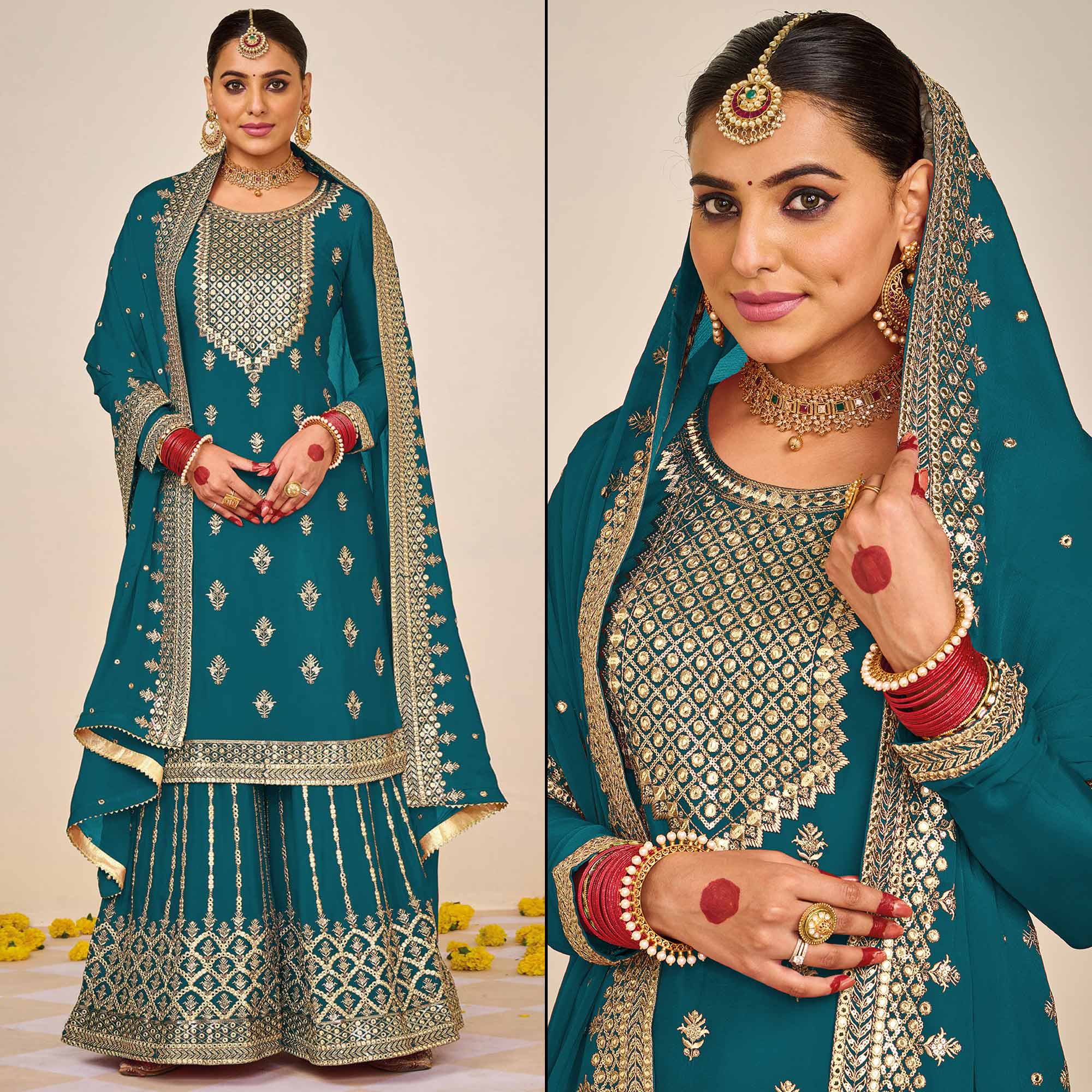 Teal Floral Embroidered Georgette Semi Stitched Dress Material