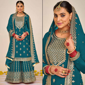 Teal Floral Embroidered Georgette Semi Stitched Dress Material