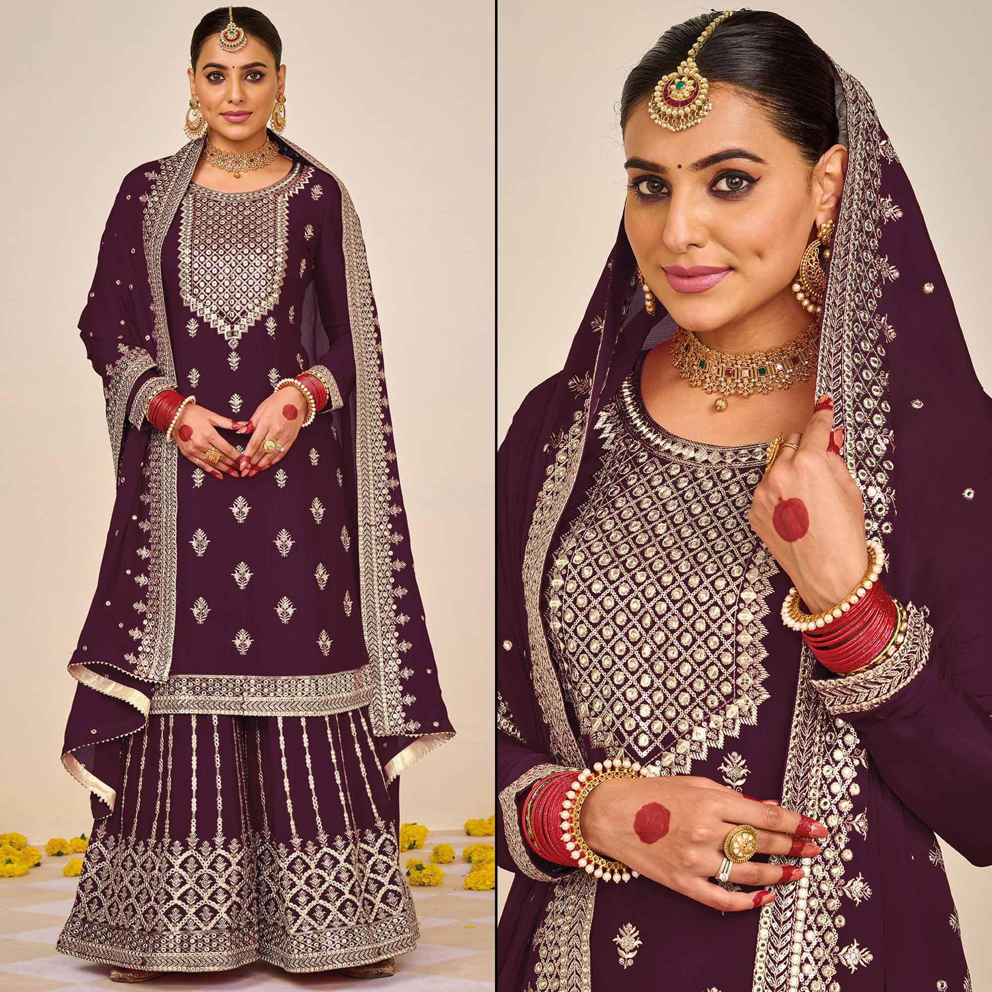 Wine Floral Embroidered Georgette Semi Stitched Dress Material