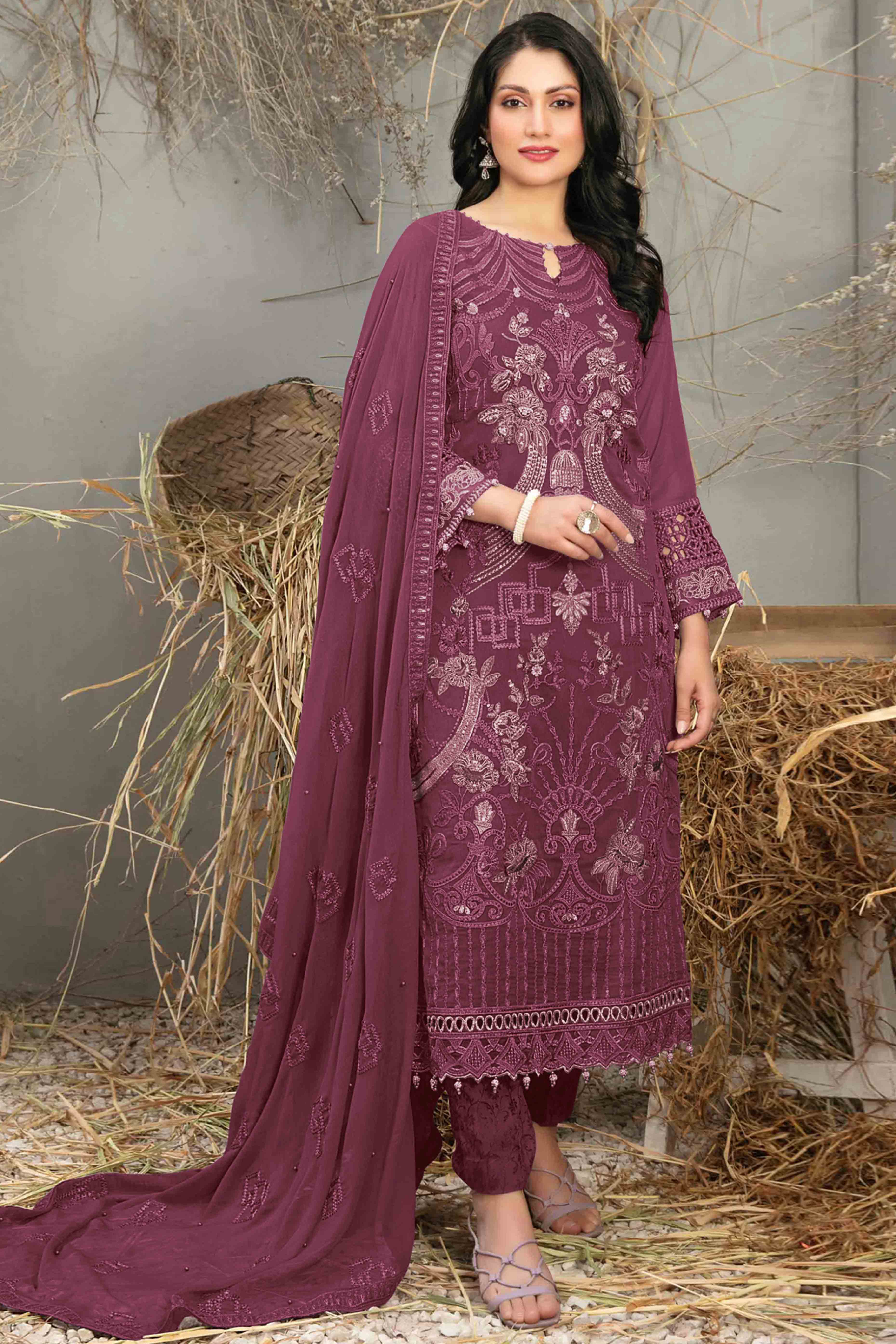 Wine Floral Embroidered Heavy Georgette Dress Material