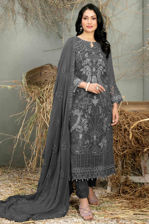Dark Grey Floral Embroidered Heavy Georgette Dress Material