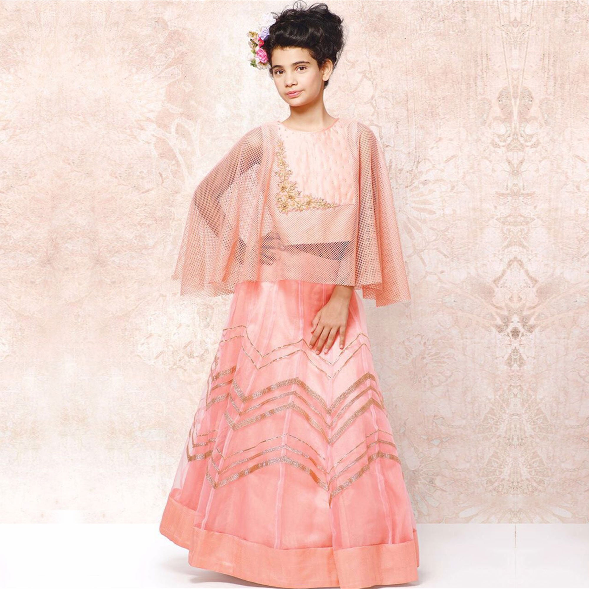 Peach Handwork Netted Lehenga Choli